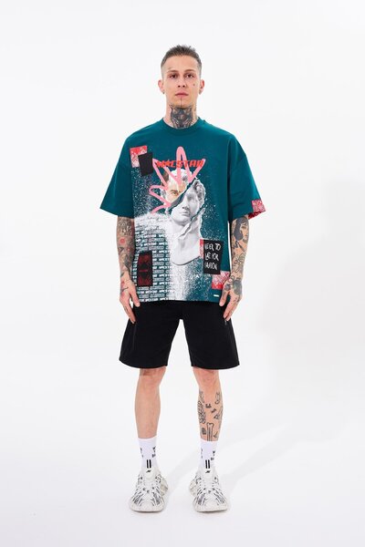 Machinist Men's Macstar Statue Printed Oversize Oil Green T-shirt