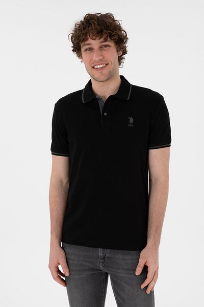 U.S. Polo Assn. تي شيرت أسود أساسي بياقة بولو بقصة ضيقة للرجال 50305980 -vr046