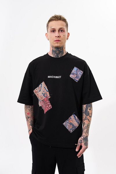 Machinist Pánské oversize černé tričko Patchwork