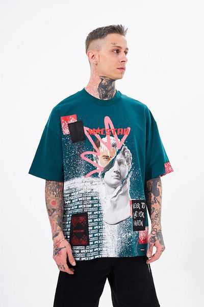 Machinist Men's Macstar Statue Printed Oversize Oil Green T-shirt