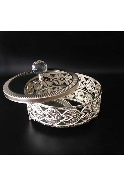 HİLALKRİSTAL Gold and Silver Coated Glass Lid Sugar Bowl and Turkish Delight Bowl