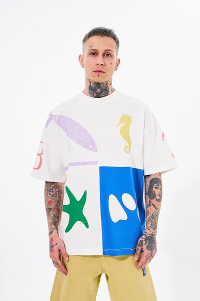 Machinist Ανδρικό μπλουζάκι 87 Sea Shells Printed Oversize Ecru Soft Blue T-shirt