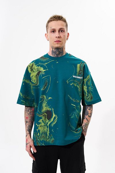Machinist Men's Abstract Oversize Petrol Green T-Shirt