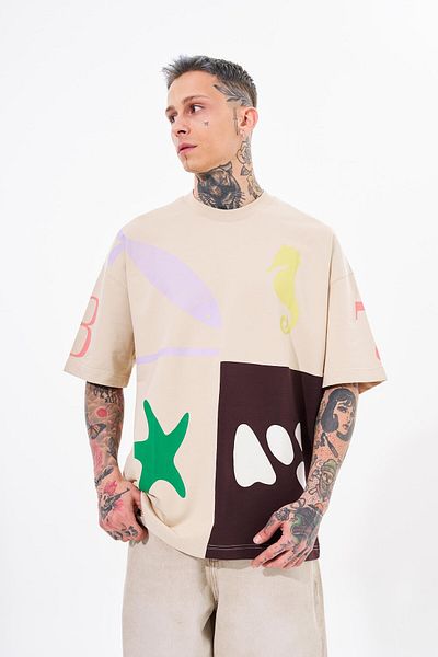 Machinist Tricou pentru bărbați, cu imprimeu 87 Sea Shells, oversize, bej deschis, maro