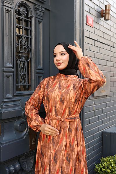 modessia Women's Oil Green Leaf Patterned Waist Belted Long Aerobin Hijab Dress Dm2528