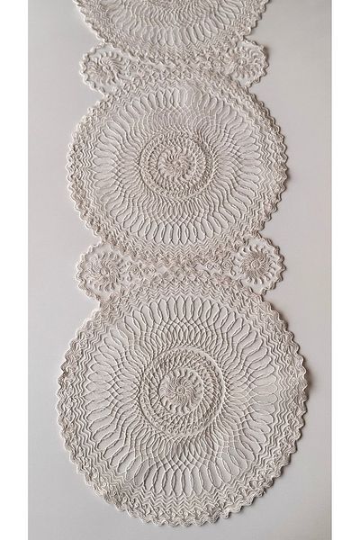 EVYA Luxury French Lace Hand Embroidered Dowry Cord Embroidered Runner 40X110 cm Ecru Color