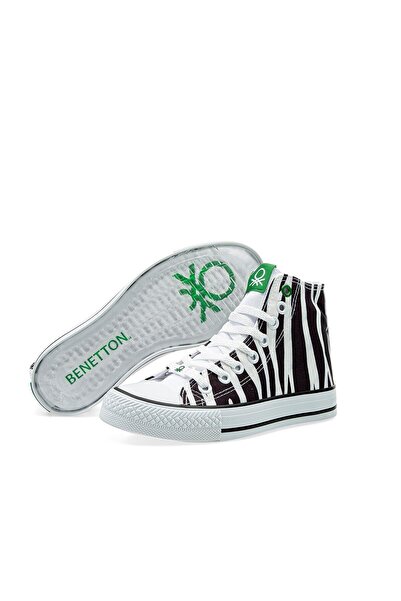 Benetton Leopard Patterned Black and White Linen Summer Women's Sports Shoes Casual Sneaker