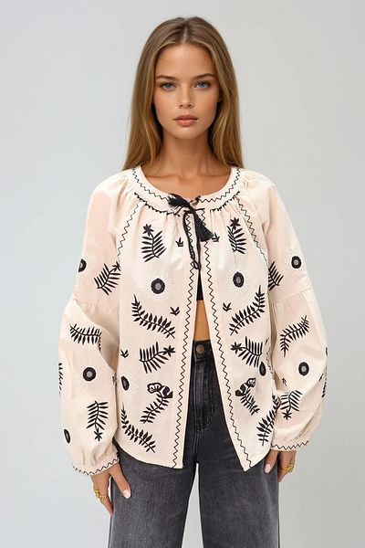VAGGON Women's Beige Judge Collar Floral Patterned Embroidery Linen Jacket Prmx8989