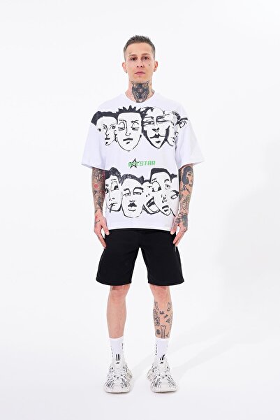 Machinist Macstar Heads Patterned Men's White Oversize T-Shirt