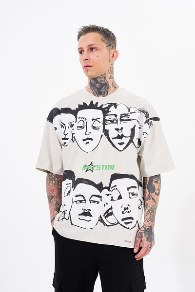 Machinist Macstar Heads Patterned Men's Oversize Gray T-Shirt