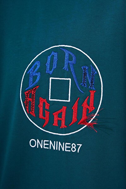 Machinist Men's Just Wait Printed Oversize Petrol Green T-Shirt