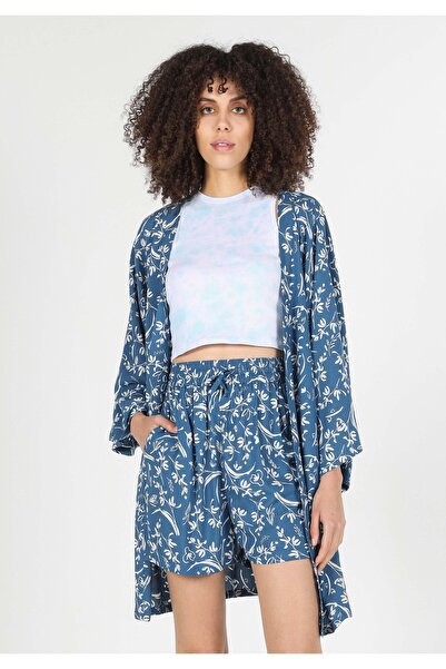 Colin's Relaxed Fit V Yaka Çiçekli Kadın Mavi ¾ Kol Gömlek