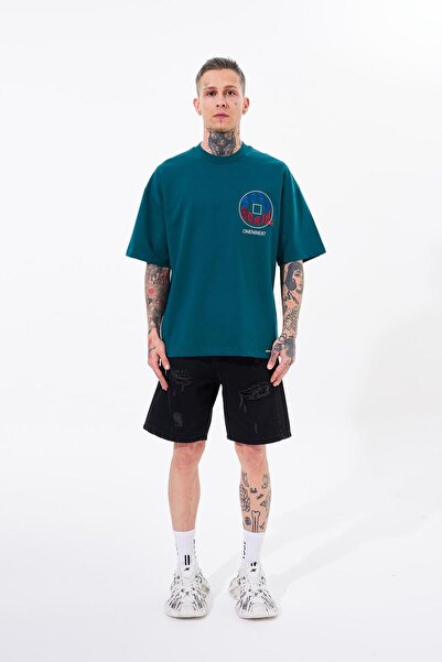 Machinist Men's Just Wait Printed Oversize Petrol Green T-Shirt