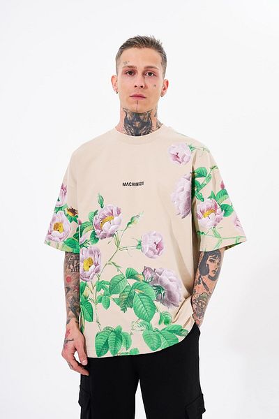 Machinist Tricou oversize, bej deschis, cu imprimeu flori trandafiri pentru bărbați