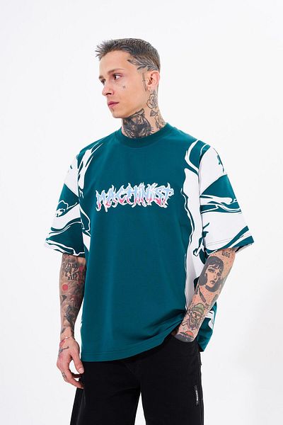 Machinist Men's Sleeve Printed Oversize Petrol Green T-Shirt