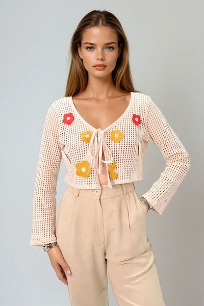 VAGGON Μπεζ Önegi Lace-Up Flower Motif Crochet Cardigan - Prmx8910