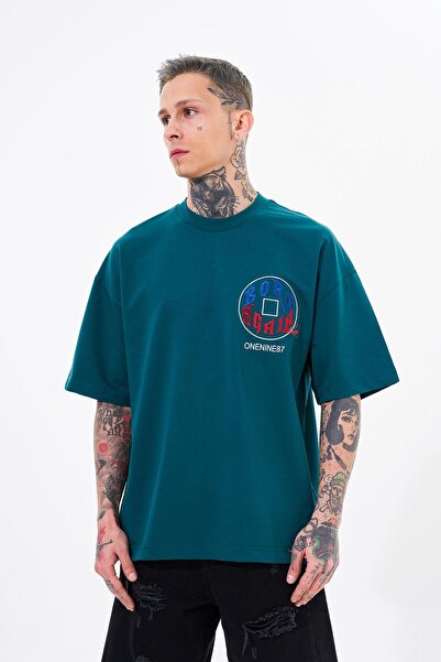 Machinist Men's Just Wait Printed Oversize Petrol Green T-Shirt