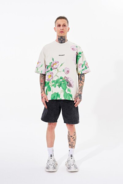 Machinist Мъжка сива тениска с щампа на рози, голям размер