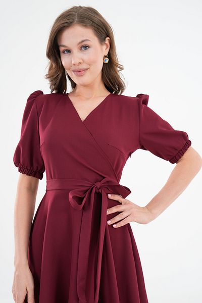 vuvutasarım Women's Flexible Atlas Fabric Sash Detailed Asymmetrical Cut Double Breasted Neckline Burgundy Evening Dress 410