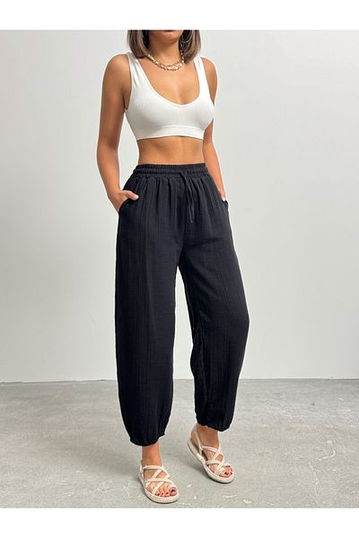 BEJNA Women's Black Pocket Linen Textured Balloon Pants