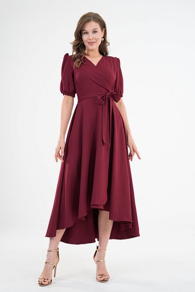 vuvutasarım Women's Flexible Atlas Fabric Sash Detailed Asymmetrical Cut Double Breasted Neckline Burgundy Evening Dress 410