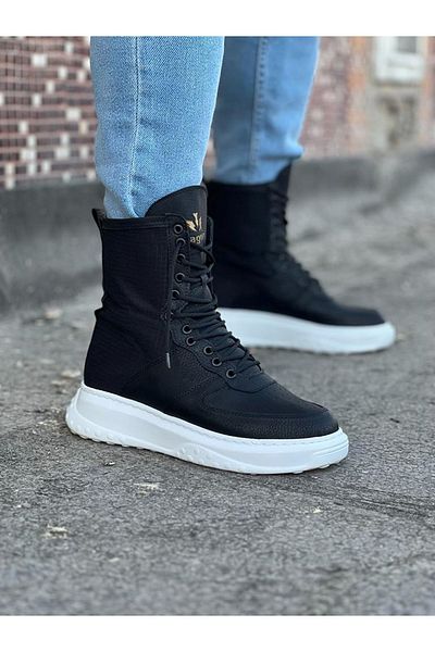 MOONFER Black Leather Long Lace Up Boots