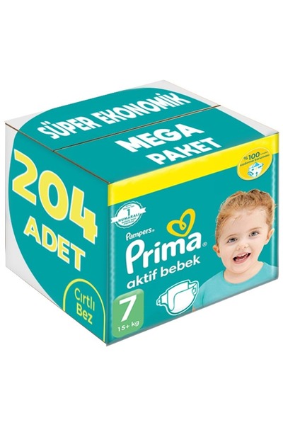 Prima Bebek Bezi Beden:7 (15 KG) Xx Large 204 Adet Süper Ekonomik Mega Pk