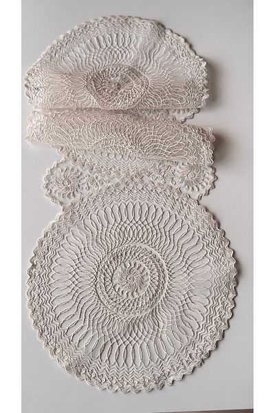 EVYA Luxury French Lace Hand Embroidered Dowry Cord Embroidered Runner 40X110 cm Ecru Color