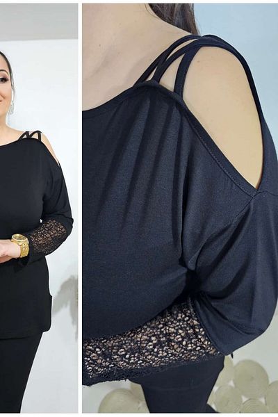 sinemisxxl Lycra Viscose Black Blouse with Birets on the Shoulders and Lace on the Ends