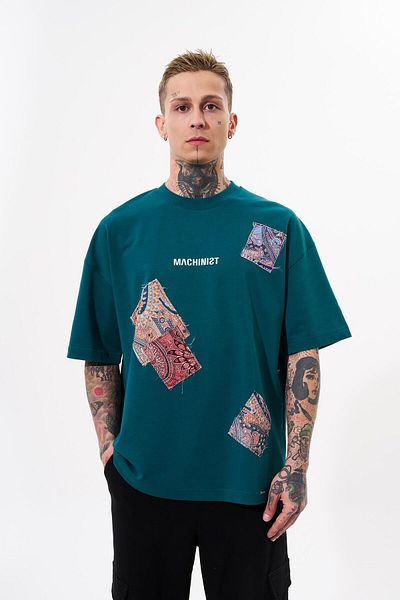 Machinist Men's Patchwork Oversize Oil Green T-shirt