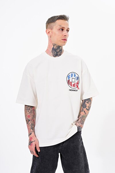 Machinist Men's Just Wait Printed Oversize Ecru T-Shirt