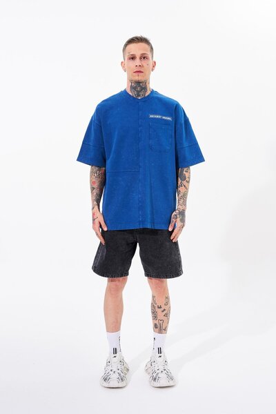 Machinist Ανδρικό μπλουζάκι τζιν με τσέπη που πλένεται υπερμεγέθη Indigo