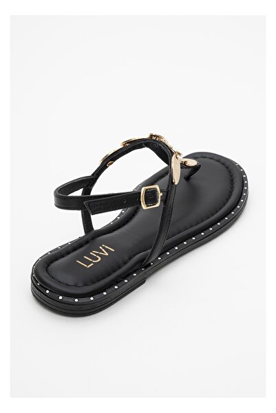 LuviShoes Marea Black Genuine Leather Flip Flops Gold Buckle Women's Sandals