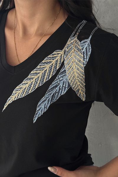 FEMELLE Tricou de damă, negru, cu decolteu în V, pe umăr, cu paiete, brodat 100% bumbac