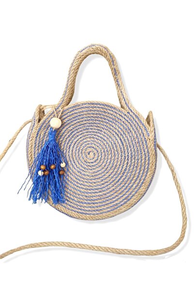 CollessiaHome حقيبة من الجوت بتفاصيل شرابة زرقاء - حقيبة كتف متقاطعة، قش، حقي...