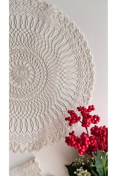 EVYA Dowry French Lace Cord Embroidered 6-Piece 40 cm Round Plate & American Service Set Ecru Color