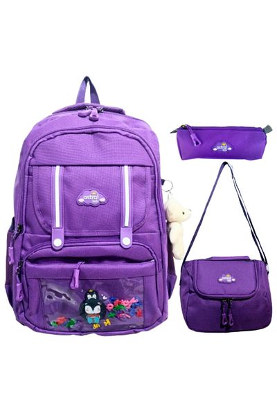 Glanart Geantă pentru școală primară cu căptușeală completă cu 5 ochi + nutriție termos + set de 3 suporturi pentru stilouri violet