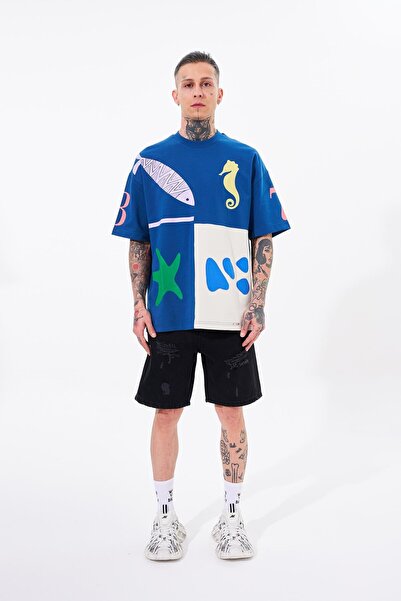 Machinist Tricou supradimensionat pentru bărbați, cu imprimeu 87 Sea Shells, gri indigo