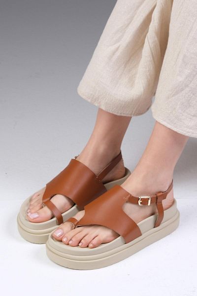 Mio Gusto Lora Genuine Leather Tan Color Flip Flops Women's Sandals