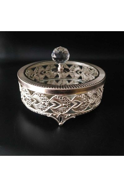 HİLALKRİSTAL Gold and Silver Coated Glass Lid Sugar Bowl and Turkish Delight Bowl