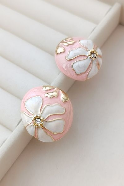 COSİTA Gold Pink Flower Motif Luxury Mine Filling Colorful Design Earrings