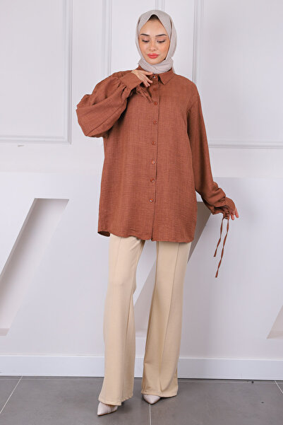 İmajButik Καφέ λινό χιτώνα με μανίκια