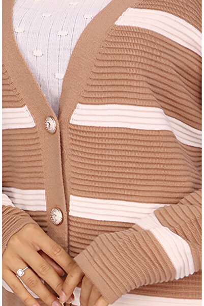 sefamerve Fitilli Çizgili Triko Hırka 3090-01 Vizon