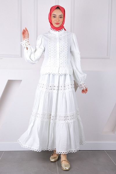 İmajButik Σετ μπλούζα με εκρού κορδόνι με φούστα