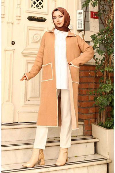sefamerve Zigzag Detailed Long Pocket Knitwear Cardigan 24405-02 Milky Brown