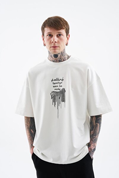 Machinist Ανδρικό μπλουζάκι με στάμπα και ζέβρα Oversize εκρού