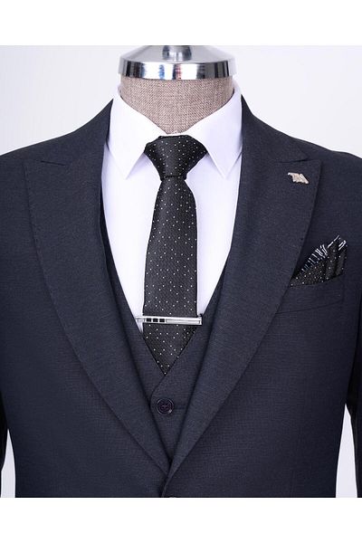 TerziAdemAltun Navy Blue Slim Fit Italian Style Jacket Vest Trousers Set - T11394