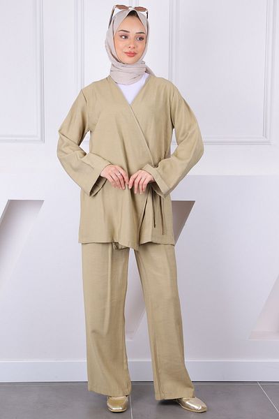 İmajButik Oil Green Front Tie Kimono Suit with Pants