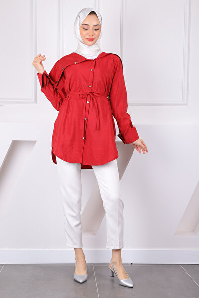 İmajButik Burgundy Collar Detailed Modal Tunic