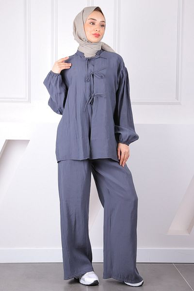 İmajButik Anthracite Front Tie Kimono Pants Suit